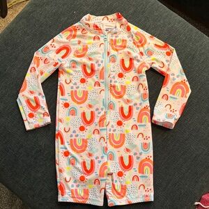 Lands' End Kids' White Rashguard Sunsuit with Coral & Pastel Rainbows
